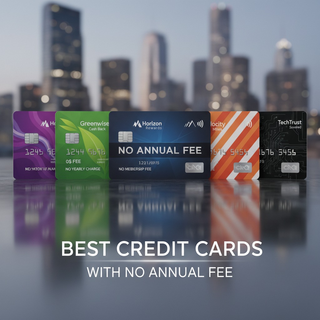 Five different credit cards stand upright with their reflections on a reflective surface against a city skyline backdrop, featuring the text "BEST CREDIT CARDS WITH NO ANNUAL FEE."