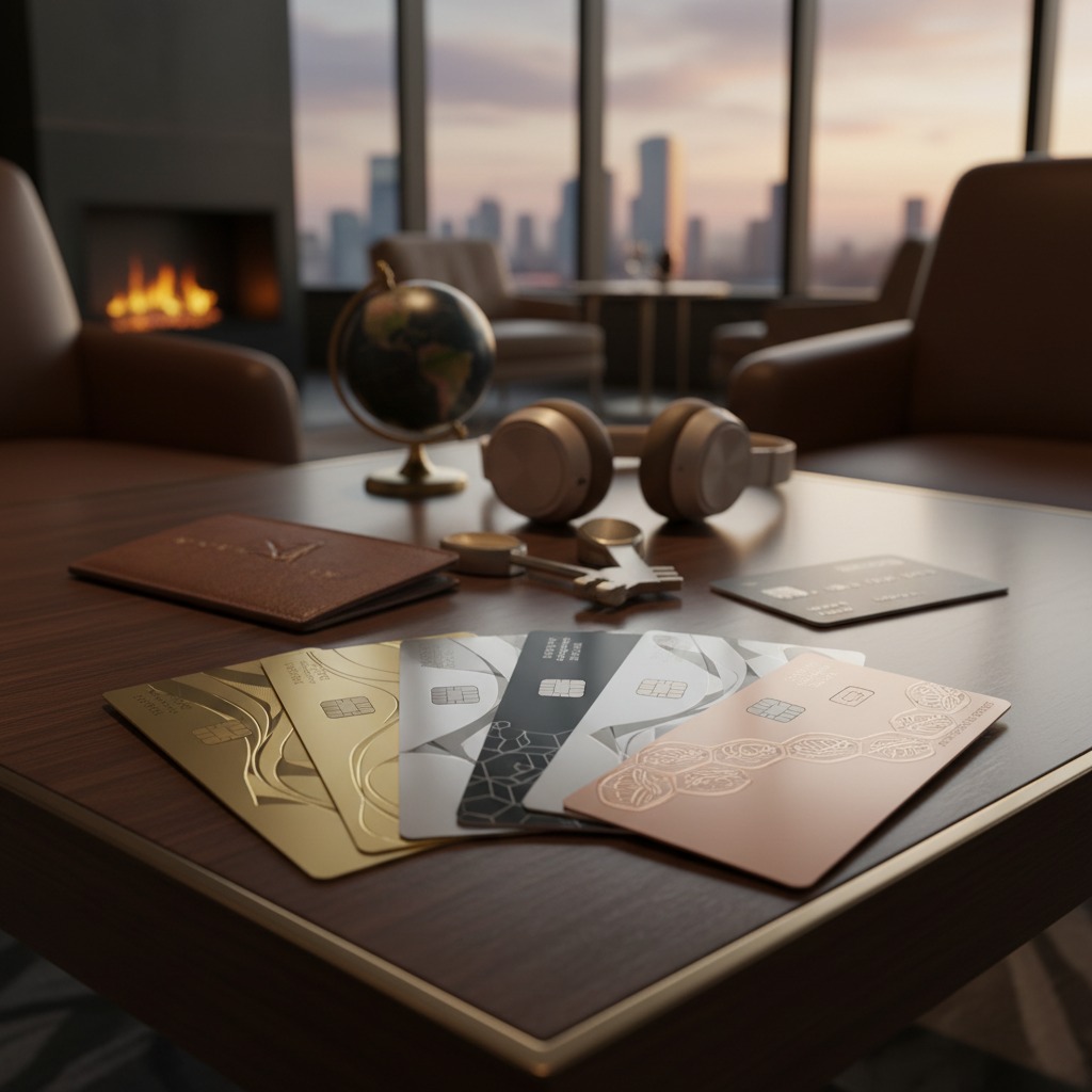 A row of metallic credit cards of various colors fans out across a wooden table in a high-rise lounge.
