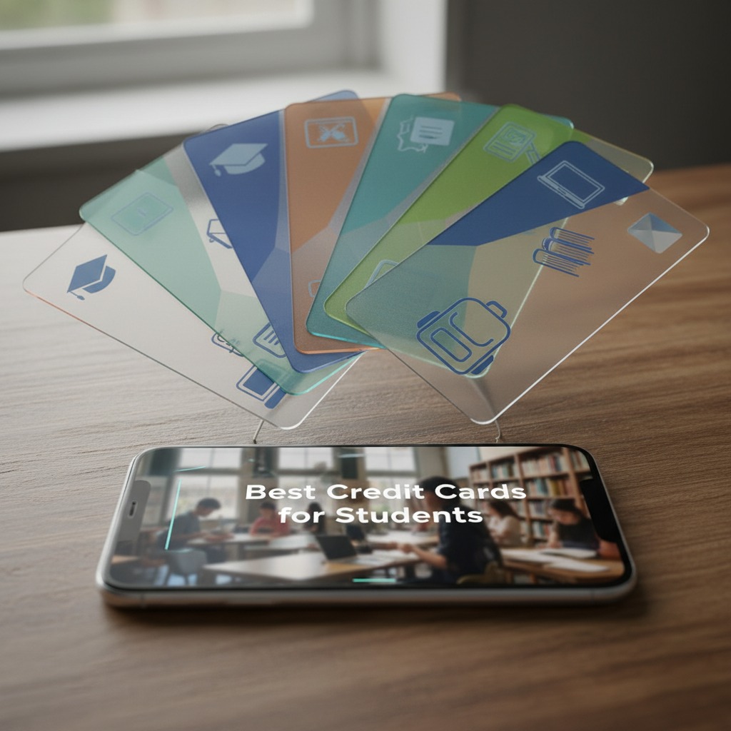 A smartphone resting on a wooden desk displays an article titled Best Credit Cards for Students, with a fan of colorful translucent cards standing upright behind it.