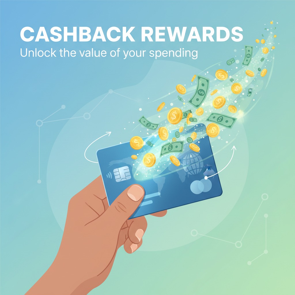 A hand holds a blue credit card that emits a stream of floating gold coins and paper money against a gradient blue and green background.