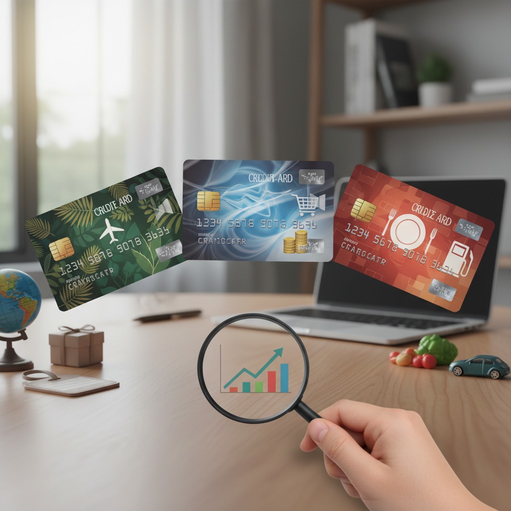 A hand holds a magnifying glass over a desk, revealing a financial growth chart, with three floating credit cards and a laptop in the background.