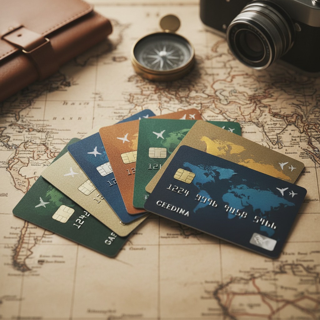 Several colorful credit cards featuring world map and airplane graphics are fanned out on a vintage world map alongside a compass, camera, and leather pouch.