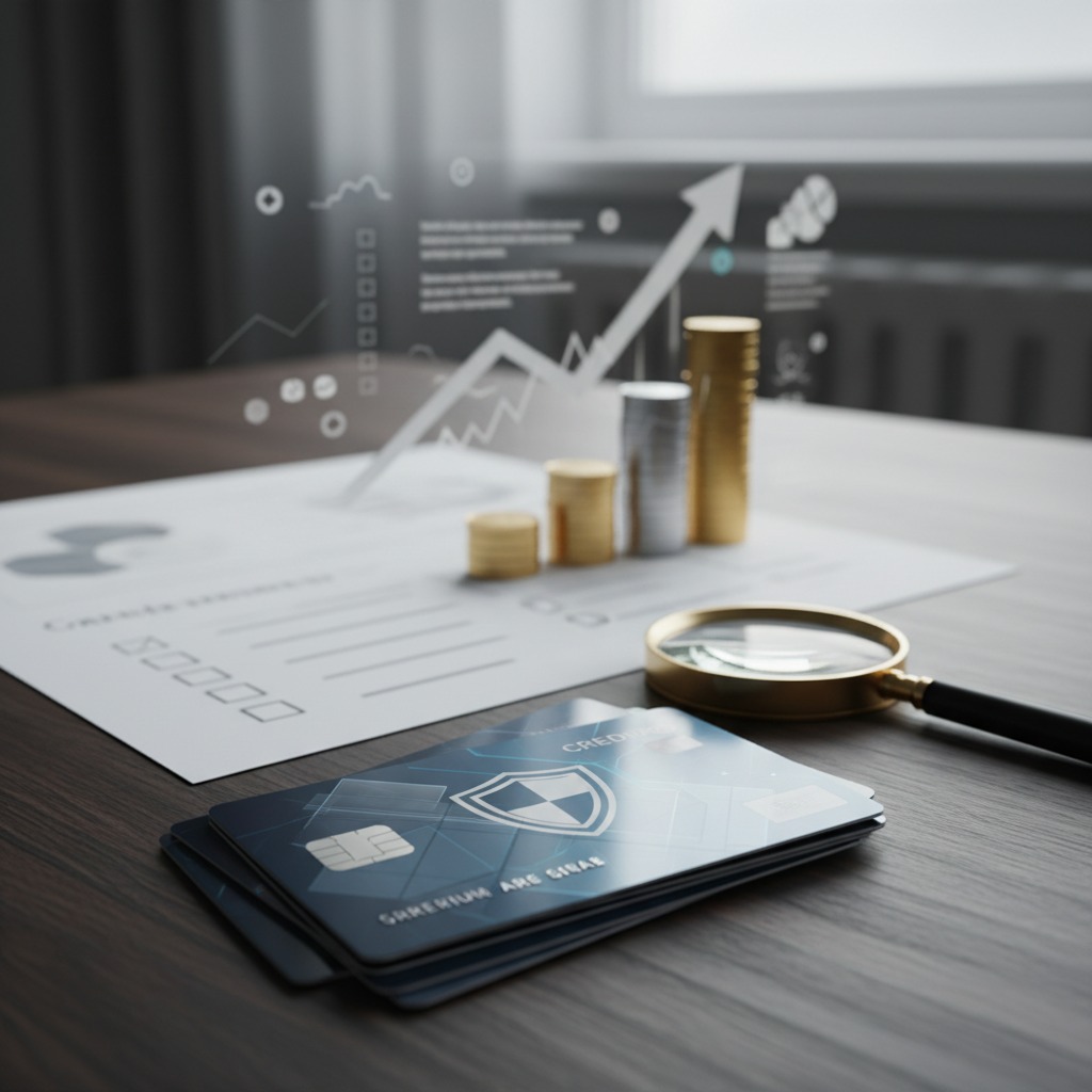 A stack of credit cards, a magnifying glass, and stacks of coins rest on a wooden table with financial documents and digital growth graphics in the background.