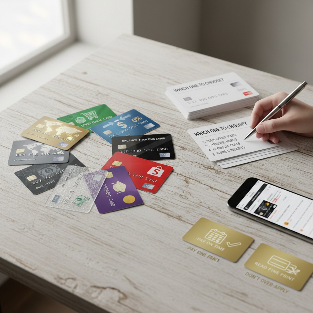 A hand holds a pen over a checklist titled "Which one to choose?" on a wooden table scattered with various credit cards and a smartphone.